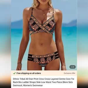 Ethnic Tribal Print Bikini 2-Piece Swimsuit Women's Size 8/10 Criss Cross Straps